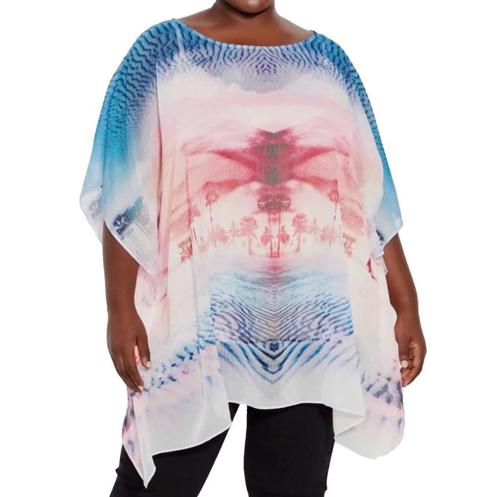 AVENUE Multicolor Top Watercolor Sheer Poncho Style Blouse Flowy Sheer Sz 16 NWT